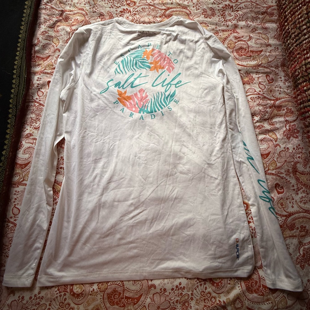 Salt Life SPF White Long Sleeve Tee with Blue and Orange Accents